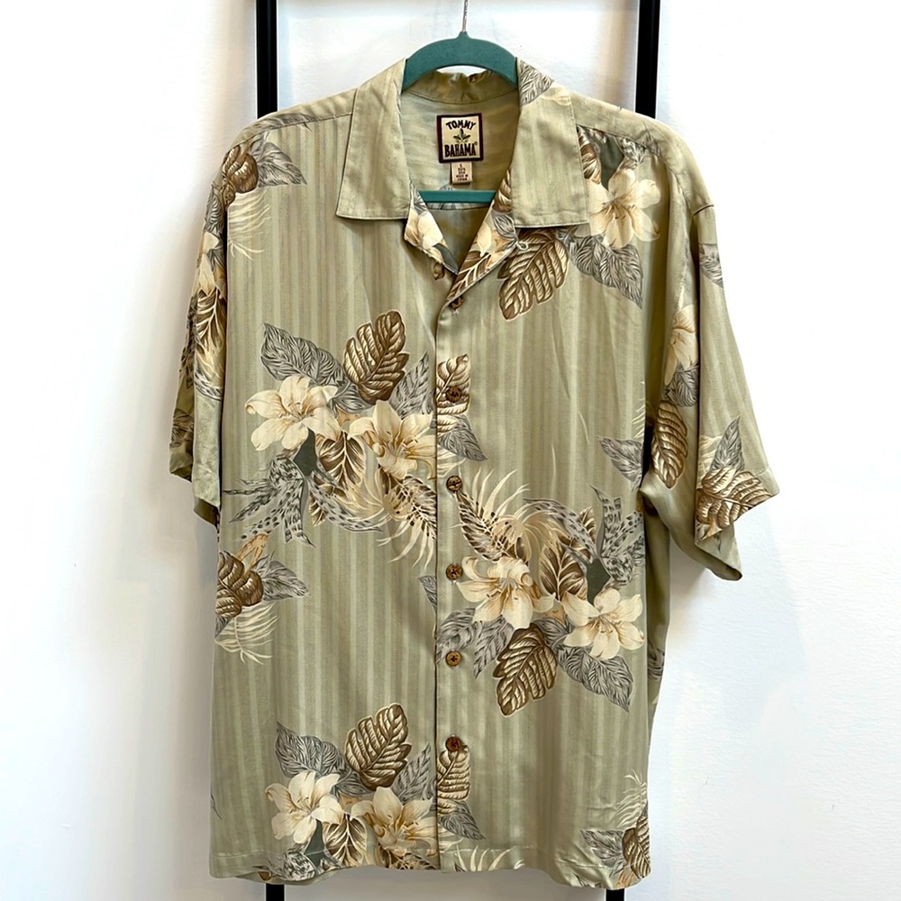 Vintage Tommy Bahama Silk Hawaiian Shirt Aloha Floral Hibiscus Palm Mens L